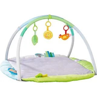 HABA 304778 - Spieltrainer Kuschelnest, mit weicher Spieldecke, höhenverstellbaren Spielbögen mit 3 Greiflingen inklusive akustischer und optischer Effekte, von Geburt an geeignet