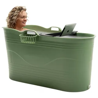 HelloBath® Mobile Badewanne XL 122x56x64 cm für Erwachsene | Tragbare Sitzbadewanne mit verlängerbarem Ablaufschlauch (3 m) & Wasserhahn | Badewanne für Dusche & Outdoor | Grün