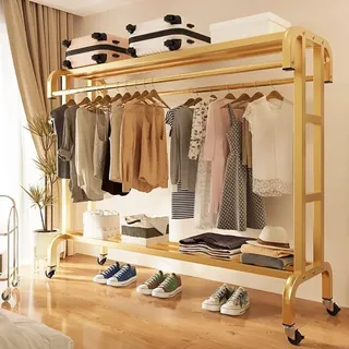 Kleiderständer, Garderobenständer mit Rollen, Schwerlast Kleiderstange auf Rollen, 2 Kleiderstangen und 2 Ablagen, bis 300kg Belastbar, für Schlafzimmer Flur, Stabil Metall