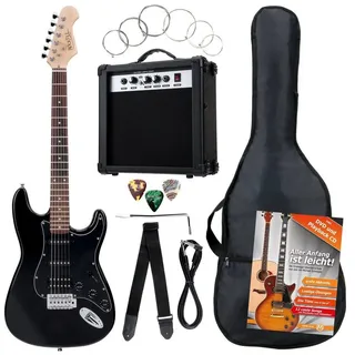 Rocktile Banger's Power Pack Komplettset E-Gitarre mit Single Coil und Humbucker Pickups Schwarz (Verstärker, Tasche, Kabel, Gurt, Plecs, Tremolo, Ersatzsaiten und Schule mit CD/DVD)