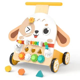 Fozcmisw Lauflernwagen Holz 6-in-1 Montessori-Motorikspielzeug in Hundeform | Holz-Lauflernwagen im Hunde-Design mit Perlen, Formen sowie Zahnrädern zum Schieben, Zuordnen, Drehen, Greifen und Entdecken.