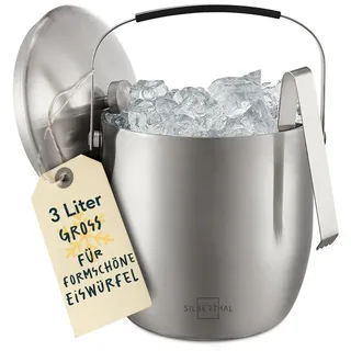 SILBERTHAL Eiswürfelbehälter Edelstahl 3l - Eisbehälter mit Deckel und Zange -Eiseimer Edelstahl - Doppelwandig Isolierter Flaschenkühler - Auch als Weinkühler, Sektkühler