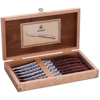 LAGUIOLE - Box mit 6 Tischmessern in braunem Pakka-Holzgriff - Edelstahl - Box mit Tischmessern für alle Anlässe geeignet.