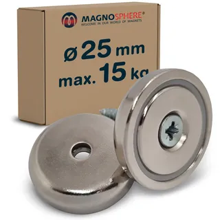 Topfmagnet Neodym Magnet mit Loch extra stark, zum Anschrauben, Magnet schraubbar, Größe: Ø25mm | 15kg