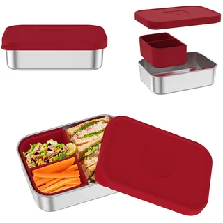 Jokapy Edelstahl Brotdose Kinder mit Silikondeckel und Trennfach, Auslaufsicher Lunchbox, Tragbar Box Kinder Erwachsene, Frühstücksbox für Schule Arbeit, Spülmaschinenfest Robust BPA-frei(rot,700 ml)
