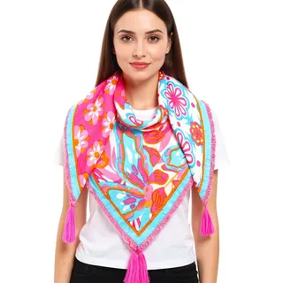 ZWILLINGSHERZ Flower Power Vierecks-Tuch mit Blumen im Retro Look Mode-Tuch 3016Q-0609-88 Pink/Türkis/Bunt - One-Size