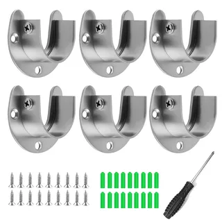 6 Stück Rundrohr Halterung for Schrankrohr Stange, U-Form Gardinenstange Halter, Flansch Stangenhalter, Edelstahl Kleiderstangen Halterung, Rundrohr Halterung mit Schrauben und Schraubendreher (25mm)
