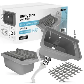 Universal-Ausgussbecken Grau 50 x 34 x 21 cm Waschbecken mit Ablage Spülbecken mit einem Gitter 36 x 30 cm Waschtrog für Garage Außen Innen Untergeschoss Werkstatt und Waschküche