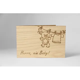 Original Holzgrußkarte - Glückwunsch zur Geburt - 100% handmade in Österreich, aus Eichenholz gefertigte Geschenkkarte zur Geburt, Grußkarte, Klappkarte, Postkarte, Taufkarte, Baby