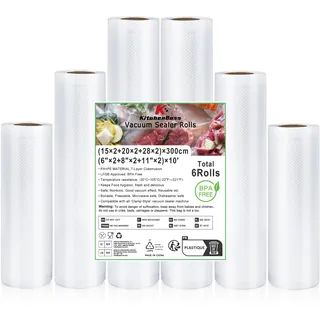 KitchenBoss Vakuumierfolie Vakuumierbeutel 6 Rollen: Vakuumbeutel Lebensmittel 15X2/20x2/28x2/300cm, Vakuumierfolie für Vakuumiergerät und Sous Vide, Sous Vide Gefrierbeutel BPA Frei