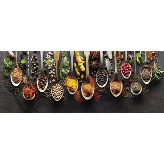 levandeo Glasbild 80x30cm Wandbild Glas Gewürze Kräuter Löffel Küche Deko Wanddeko Küchendeko Küchenbild