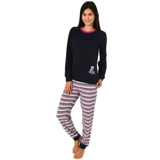 Normann Pyjama Damen Frottee Schlafanzug mit Bündchen und süsser Bär-Applikation blau 36/38