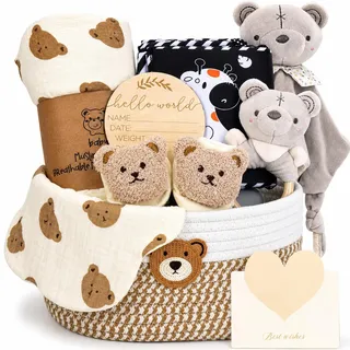 Neugeborenen Geschenkset Baby-Geschenkkorb für Jungen und Mädchen | Enthält Babydecke, sensorisches Buch, Wickelsocken, Rassel, Lätzchen & Meilensteinkarten, passend für Babyparty & Geburt
