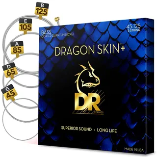 DR Strings Dragon SKIN+ – Saiten E-Bass, 5-Saiter Set, Quantum Nickel, Round Core, Medium 45-125 - Handgefertigt in den USA