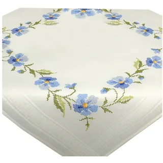 Delindo Lifestyle Kreativset Handarbeits-Stickpackung - Sticken im Kreuzstich - Blumen Motive, (Stickdecke vorgedruckt, Stickanleitung, Stickgarn), Sticktechnik: Kreuzstich blau|weiß