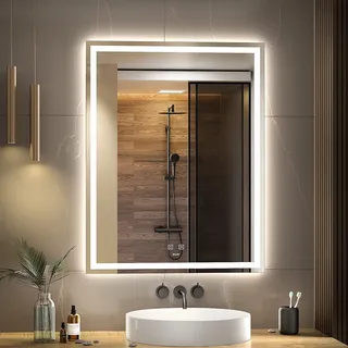 GANPE LED Bathroom Mirror, Makeup Vanity Mirror Wall Mounted, 6500K High Lumen LED, Anti Fog, IP44 Waterproof + Vertical and Horizontal (90 x 70 cm)