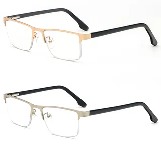 MMOWW 2er-Pack Lesebrille Herren Mit Blaulichtfilter, Rechteckige Halbrahmen Metall Lesebrillen Lesehilfe, Feder Scharnier Lesebrillen (Silber+Gold, +2,5)