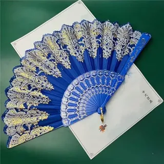 Handfächer Stofffächer,Vintage Stil Retro Chinesischer Handfächer Orientalischer Tuch Stoff Fan Sommer Faltbare Fächer Wand-Dekofächer für Party,Fasching,Halloween Karneval Zubehör,Dunkelblau