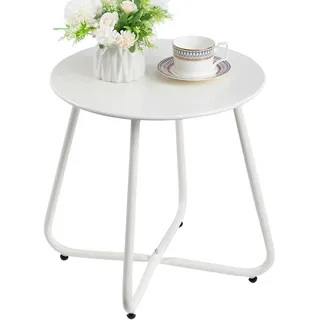 HollyHOME Beistelltisch Outdoor Balkontisch Klein Gartentisch Rund Beistelltisch Metall Wetterfest Loungetisch Outdoor Couchtisch für Patio Terrasse Wohnzimmer, Weiß