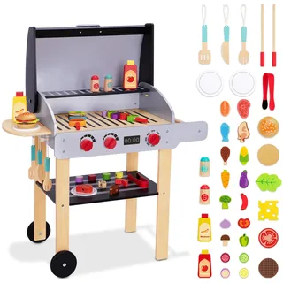 OOOK Kinder Grill Spielzeug aus Holz, BBQ Kindergrill-Spielset mit Spielkost und Grillwerkzeugen, Barbecue Küchenspielzubehör für Mädchen und Jungen ab 3 Jahren​