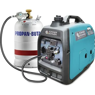 Könner & Söhnen LPG/Benzin-Inverter-Generator KS 3100iG S von Könner & Söhnen. Schallgedämmtes Gehäuse (63 dB Lpa 7 m). Höchstleistung 3100 W*, Schuko-Steckdose 230 V, 2 USB-Anschlüsse, LED-Anzeige, ECO-Modus, Kupferwicklungen, stromerzeuger EURO V.