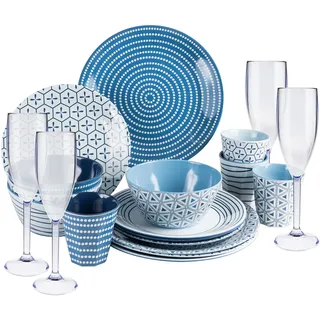 Melamin Camping Geschirr und Glas Set für 4 Personen - 20 Teile - Campinggeschirr - blau weiß - mit Sektglas 150 ml - Gläsern - Essgeschirr