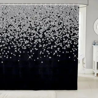 Loussiesd Silber Glitzer Duschvorhang 180x180cm (kein Glitzer) Bling Party Deko Schwarz Badezimmer Stoff für Kinder Jugendliche Diamant Blumen Duschvorhang Textil wasserdichte Vorhänge