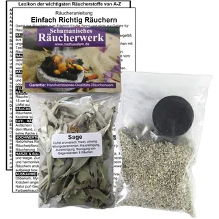 Weißer Salbei zum räuchern lose Blätter Cluster 5-TLG Räucher-Set - 60ml Räucherwerk, Räucherkohle (1x), Räuchersand, Räucheranleitung mit Lexikon der Räucherstoffe A-Z. 82060-74