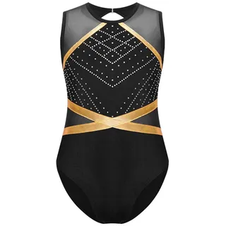 XIUsheUA Turnanzug Mädchen Kurzarm Ballettanzug for Mädchen mit Strasssteinen, Turnanzug mit Schlüsselloch-Rücken, ärmellos, Bodysuit for Gymnastik, Workout, Eiskunstlauf, Tanzen(Black,12Y)