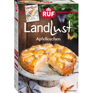 RUF Landlust Apfelkuchen Backmischung, Dinkel-Apfelkuchen mit versunkenen Äpfeln, Streuselboden & feiner Aprikosensoße, inkl. Rezeptheft, traditionell & schnell zubereitet