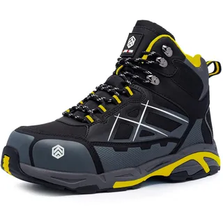 LARNMERN Arbeitsschuhe Herren Damen Sicherheitsschuhe Stahlkappe Knöchelhoch Leicht Stahlkappe Sicherheitsstiefel Leichte Atmungsaktive Mode(Schwarz Grau,44EU) - 44 EU