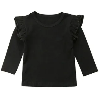 Kinder Basic T-Shirt Baby Mädchen Langarm Rüschen Schulter Tops Einfarbige Bluse Kleinkind Kleidung (Schwarz, 4-5 Jahre) - 4-5 Jahre