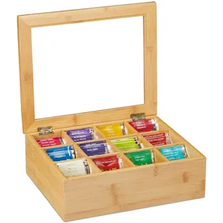 Relaxdays Teebox Bambus, 12 Fächer, Teekiste mit Sichtfenster, Organizer für Teebeutel, HxBxT: ca. 9x28x23 cm, natur, 10032112,