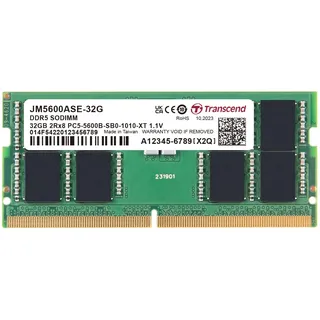 Transcend JetRam 32GB DDR5 5600 Arbeitsspeicher (RAM) |2Rx8 CL46 1.1V| Unbuffered SO-DIMM für Notebook