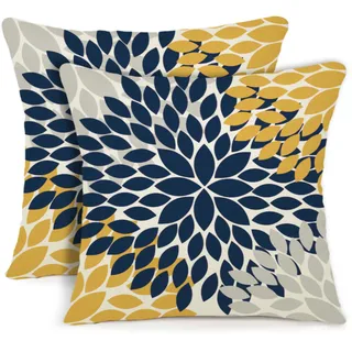 YCOLL Kissenbezug 40x40 2er Set Dekokissen Leinen Sofakissen Zierkissen Gelb und Blau Dahlie Kissenbezüge,für Sofa Schlafzimmer Wohnzimmer Outdoor Kissenhülle 40x40cm A251-16