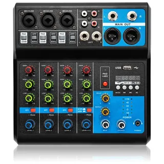 Mini 5 Kanal Stereo Sound Mischkonsole, Mischpult mit USB Bluetooth und 48V Phantom Power, DJ Live Audio Mixer mit Hall-Effekt für Karaoke Stage, Heim-KTV, Aufnahmestudios, Live-Streaming