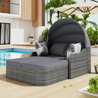 Merax Polyrattan Sonnenliege mit verstellbarem Baldachin, Outdoor Rattan-Lounge Sonneninsel, Doppelliege Gartenliege mit Kissen, Daybed für Schwimmbad, Terrasse, Balkon, Gartenmöbel Set, Dunkelgrau
