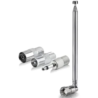 Minadax Radio & TV Teleskop Antenne – Digitale und Analoge Empfangsantenne mit 3 Adaptern - DVB-T/T2, DVB-C, FM und DAB