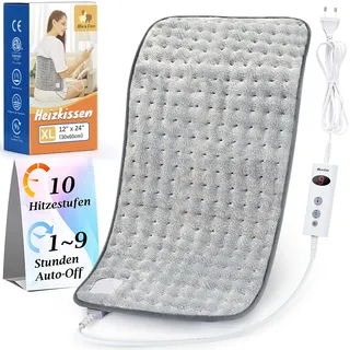 Mia&Coco Heizkissen mit Abschaltautomatik 1,5 Stunden für Rücken Nacken Schulter Elektrisch Wärmekissen 10 Stufen Temperaturstufen Schnell Heiztechnik, 30x60cm Komfort Grau