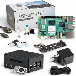 Raspberry Pi 5 8GB PCIe M.2 NVMe - Set | Metallgehäuse | Active Cooler | M.2 NVMe SSD PCIe Board | Offizielles USB-C 27W Netzteil | 64GB Edition | 4K Micro HDMI