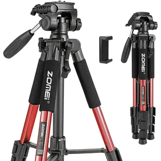 ZOMEI Q111 Kamerastativ Handy Stativ, Aluminiumlegierung Reisestativ Leichtes Kamera-Dreibeinstativ mit 3-Wege-Schwenkkopf, Schnellwechselplatte, Handy Halterung und Tasche, 47–140 cm (Rot)