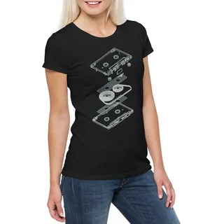 Urban Backwoods Print-Shirt Explosion Audio Cassette Damen T-Shirt 80s Kassette DJ MC Music VHS (1-tlg) Tape Player Kassettenrekorder Retro schwarz M