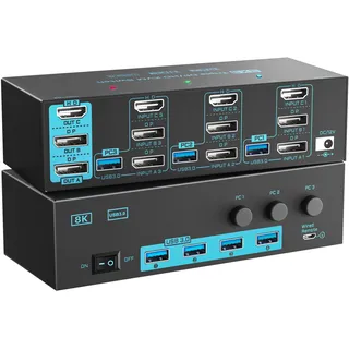 8K/4K KVM Switch 3 PC 3 Monitore Triple Monitor 3 Port 2 Displayport 1.4 and HDMI 2.1 USB 3.0 KVM Switches, DP 1.4 Supports 8K@30Hz/4K@144Hz, HDMI Supports 8K@60Hz /4K@120Hz with Wired Remote