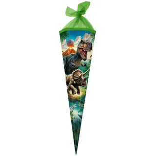 Goldbuch Schultüte Vulkan, 85 cm 6-eckig, Geschenktüte mit Dinosaurier-Motiv, Geschenkverpackung aus Lackkarton, Einschulungstüte mit Netzverschluss, ca. 85 x 24 x 20 cm, bunt