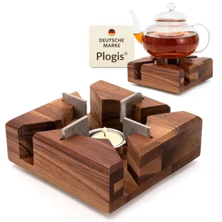 Plogis® Stövchen Akazie – Handgefertigter Teewärmer aus massiver Akazie | Stövchen für Teekanne & Geschirr | Teestövchen Holz mit Teelicht | 15×15 cm | Sicherer Halt Dank Metalleinsätzen