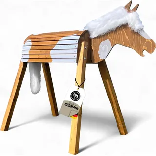 dein holzpferd Holzpferd Tobiano 100cm für draußen Reitpferd Garten Voltigierbock für Kinder, Stehpferd groß, Gartenpferd handgefertigt aus Deutschland, Voltigierpferd Holzpony mit Mähne