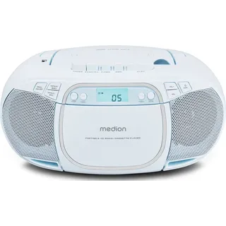Medion E66476 Tragbare CD-Boombox blau, CD-Player, Kassettendeck, FM-Radio, USB-MP3-Wiedergabe, 30 Senderspeicher, Batteriebetrieb