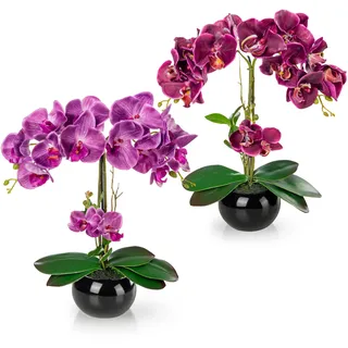 PASCH® 2er Set Orchideen künstlich in Hochglanz-Keramiktöpfen (40cm) | Kunstblumen im Topf | Kunstblumen wie echt | künstliche Orchideen im Topf | künstliche Blumen im Topf | Kunstblume Orchidee