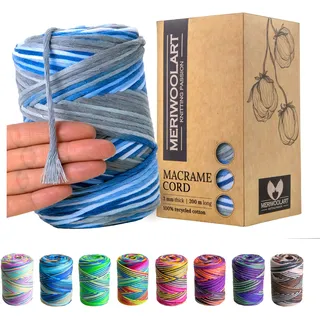 MeriWoolArt® Makramee Garn - Makramee Garn 3mm farbig 200m - Super weiches Garn, einfach gedrehte Makramee Schnur - Öko-Tex 100% recyceltes Baumwollgarn farbig - DIY Boho Deko Makramee