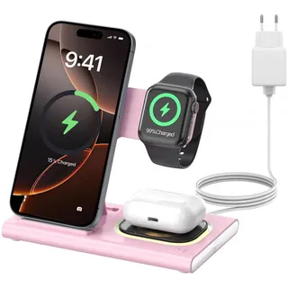Aimtel 3 in 1 Induktive Ladestation Faltbare&Nachtlichter Kompatibel mit iPhone 17/17 Pro/17 Pro Max/17 Air/16/15/14/13,Apple Watch 11/Ultra 3/10/9/8/SE 3 für Air-Pods Pro/4/3/2 Kabelloses Ladegerät
